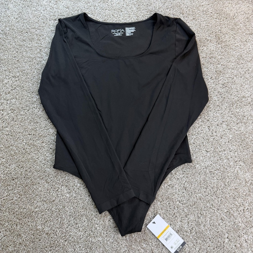 Sofia Jeans By Sofia Vergara Bodysuit Womens L Black Seamless Long Sleeve Shaper